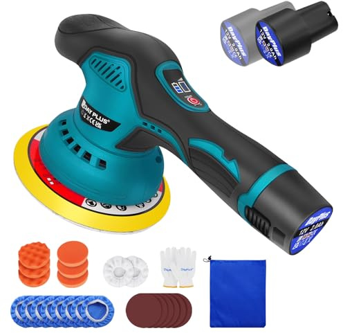 Cordless Car Buffer Polisher 2pcs 2.0Ah Batteries, Dual Action 6 Inch Portable Compact Polishing Machine Kit 2800-5500RPM 8 Speeds 125-150mm Buffing Pad, LED Display for Car Detailing Polish