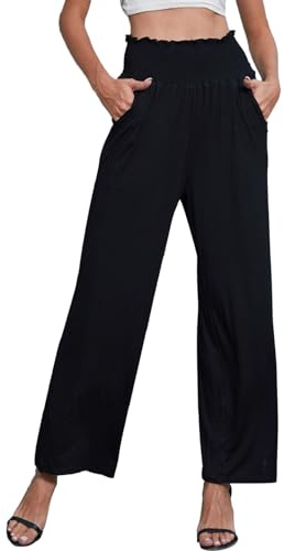 Joligiao Pantalones Mujer Casuales Ancho Pantalones de Verano con Bolsillos Cintura Elástica Frescos Largos Pantalon Yoga Cómodos Pantalón Mujer Palazzo Pantalones de Playa,Negro,M
