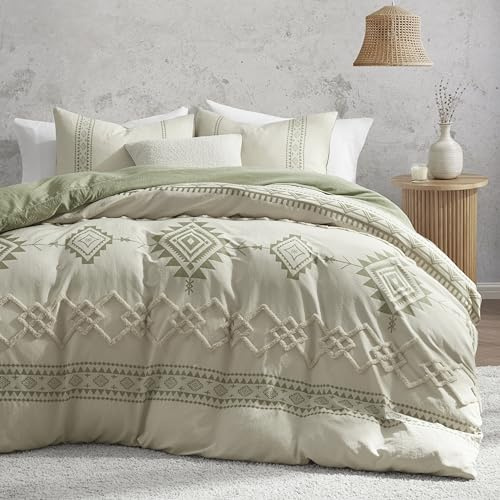 Oli Anderson Boho Duvet Cover Set King Size, Beige and Sage Green Color Clash 3 Pieces Microfiber Bedding Set, Durable and Super Soft Duvet Covers with Zipper and Ties, 104*90
