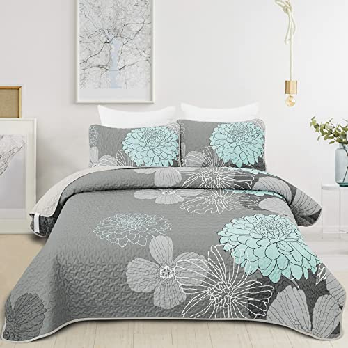 WONGS BEDDING Tagesdecke 200x220 Grüne Blumen Bettüberwurf Weiche Sommerdecke Gesteppte Decke für Doppelbett Mikrofaser Bettdecke mit 2 Kissenbezug 50x75