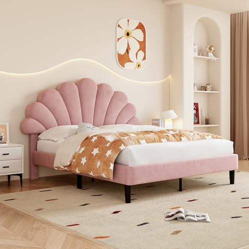 ModernLuxe Upholstered Double Bed, 4FT6 Bed Frame with Adjustable Chic Petal Headboard, Solid Wooden Slatted Frame, No Box Spring Needed, Easy Assembly, Velvet Pink, 135x190cm