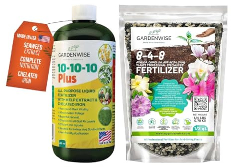 GARDENWISE 10-10-10 Fertilizer & 8-4-8 Acidic Fertilizer Bundle for All Plants - Liquid Fertilizer with Seaweed Kelp & Iron, Acidic Fertilizer for Hydrangeas, Blueberries, Evergreens (8oz & 1/2Qt)