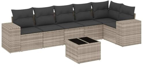 vidaXL Garten Sofagarnitur mit Kissen 7-TLG., Gartenmöbel Gartengarnitur, Sitzgruppe Sitzgarnitur, Lounge Sofa Garnitur Terrasse, Hellgrau Poly Rattan