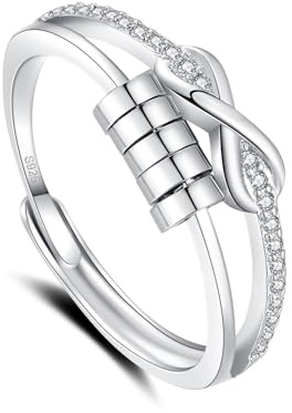 Glintara Silver Ångestring för kvinnor, 925 sterling silver ångestring med pärlor, öppet justerbart kors anti-stressring, oändlighet vågor spinner fidgetring, unisex stämningsring mot stress, 50-65 mm