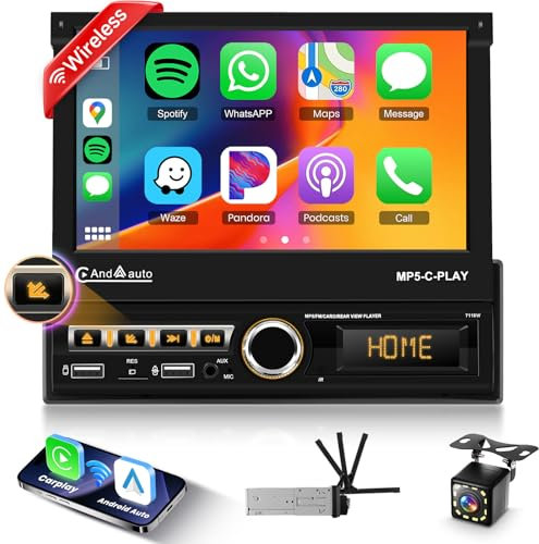7 inch Single Din Motorized Flip Out Touch Screen Car Radio with Wireless Carplay Android Auto, Hodozzy Single Din Car Stereo with Bluetooth Mirror Link FM Dual USB/AUX/SD Card Ports +Reversing Camera