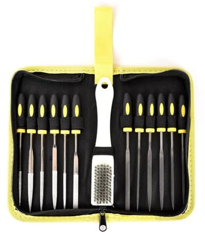 Fangxuee Juego de Limas de Aguja de 13 Piezas, 6 Limas de Diamante y 6 Juegos de Limas de Acero y Cepillo de Limpieza y Estuche con