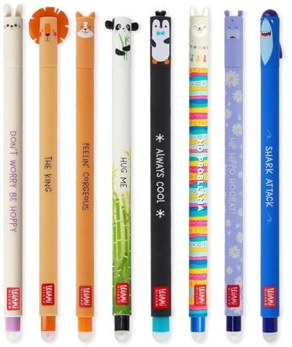 LEGAMI Set mit 8 radierbaren Gelstiften mit thermoempfindlicher Radiertinte, verschiedene Tintenfarben und Schaftdesigns, 0,7 mm Spitze, Hase, Löwe, Corgi, Panda, Pinguin, Lama, Nilpferd, Hai