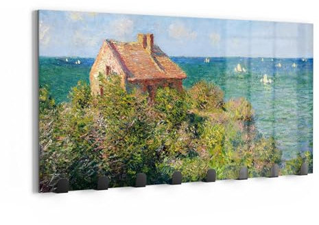 DEQOART Wandgarderobe Glas & Metall | Motiv Idyllische Küstenruhe | 60x30 cm | Design Haken-Leiste modern | Garderoben-Paneel für Flur, Wohnzimmer & Schlafzimmer | magnetisch & beschreibbar