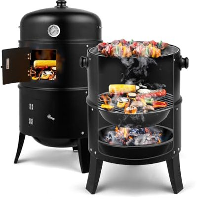 LEADZM Barbecue Charbon de Bois 3-en-1 gril à charbon de bois fumé barbecue extérieur dîner familial grande capacité noir 80x41x48cm