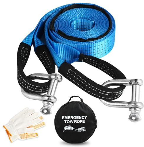 Corde de Remorquage Voiture 5 cm x 5 m - Sangle de Remorquage Auto de 8 tonnes (17 600 lbs) - sûr et Durable - avec Gants antidérapants, 2 Crochets renforcés et Sac de Rangement (Bleu)