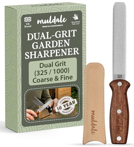 Muldale Secateurs Sharpener - Titanium Grit Dual Sided - Garden Tool Sharpening Stone for Shears, Hedge Trimmer, Lawnmower and Axe - Leather Strop