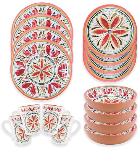 Patterned Outdoor Melamine Dinnerware Set with Mugs - Multicolour Camping/Picnic Plates Bowls Cups Set (16, Mediterranean)