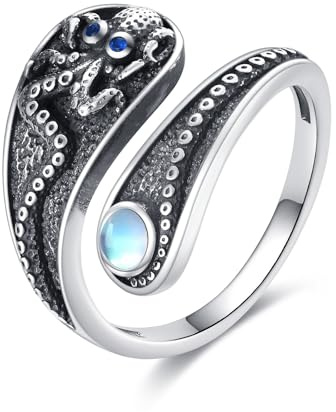DAYLINLOVE Octopus Spoon Ring S925 Sterling Silver Adjustable Moonstone Thumb Rings Vintage Octopus Jewelry Gifts for Women Mom Wife