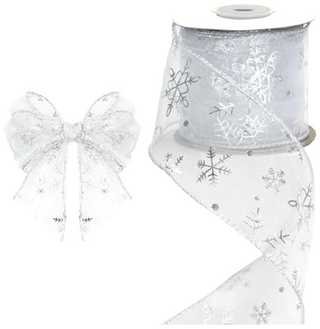 Weihnachtsband Gold, Schneeflocken Chiffonband mit Drahtkante, Transparent, 9,4 m, Dekoband für Geschenke, Schleifen, DIY Weihnachten, Weihnachtsband mit Goldprägung, Rollen weihnachtsband (Silber)