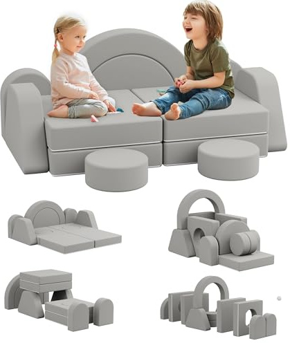 KEEPREAPER 12 TLG. Spielsofa für Kinder, 7 in 1 Modulares Kindersofa aus Schaumstoff, Kord, 2-Sitzer Kindercouch waschbar, Schlafsofa für Kinderzimmer (Grau, 2-Sitzer)