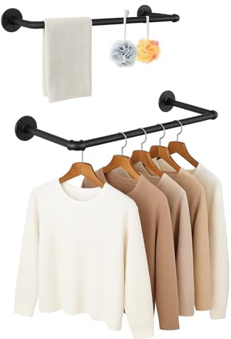 BALLSHOP Tringle à vêtements murale robuste en fonte - Lot de 2 porte-cintres muraux 50 cm - Porte-manteau mural design - Gain de place pour entrée, couloir, chambre(Noir)