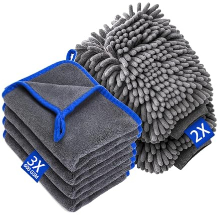 TioRacY 7 Stück Autopflege Set Mit 4er 600 GSM Mikrofasertücher Auto & 2er Mikrofaser Waschhandschuh Auto + 1 Paar Handschuhe, Extra Saugstark & Kratzfrei Für Auto Reinigungsset & Haushalt