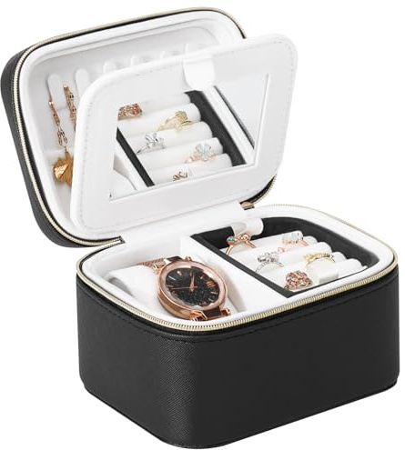 DesignSter Joyero de viaje para mujer, pequeño organizador de joyas de viaje con espejo, caja de almacenamiento portátil de poliuretano de 2 capas para anillos, aretes, collares, pulseras, color negro