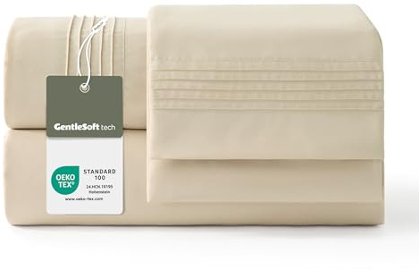 Bedsure Juego de Sabanas 180x200 - 4 Piezas Microfibra de Poliéster Transpirable y de Secado Rápido - OEKO TEX - Sábana Bajera, Sábana Plana y 2 Fundas de Almohada 50x75, Para Cama 180, Beige