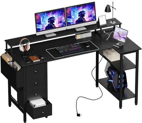 Yaheetech Bureau d'angle avec 4 Tiroirs, 140x68 cm Bureau en L avec Prise de Charge USB et Prise de Courant, Table Informatique Réversible avec Support d'écran pour Travailler et Jouer, Noir