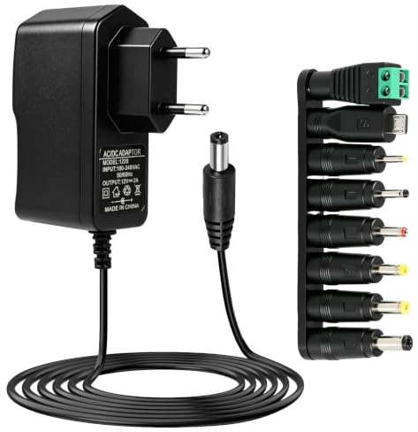 Fuente de Alimentación 12V 2A Transformador 220V a 12V AC DC Adaptador de Corriente con 8 Conectores Cargador Universal para Tiras LED Cámara CCTV Router Monitor, DC 5.5x2.1mm, 1,5M