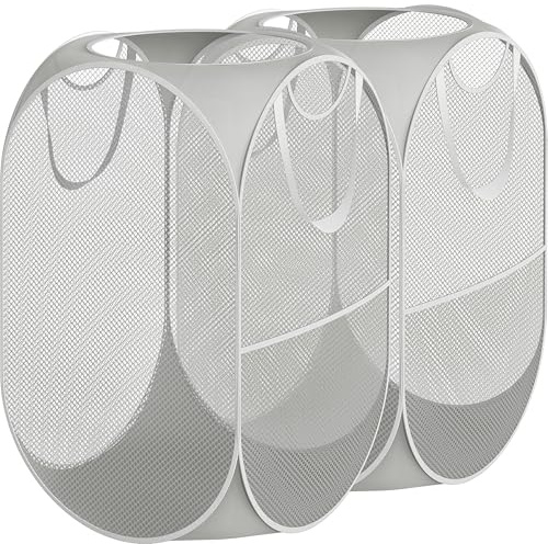 Simple Houseware Mesh Pop-Up Laundry Hamper Basket With Side Pocket, Gray - 2 Pack