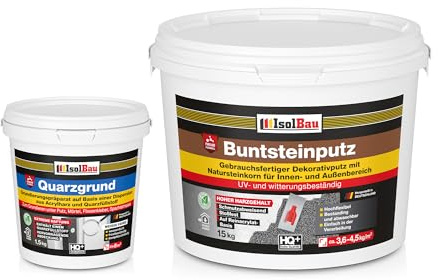 Isolbau Buntsteinputz - Mosaikputz für innen & außen - Frostsicher, wasserfest, stoßfest - BP60 (Weiß, Sand/Gelb), 15 kg + Quarzgrund 1,5 kg