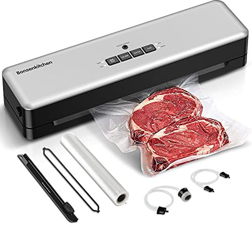 Bonsenkitchen Vakuumierer, Vakuumiergerät automatische Lebensmittel Versiegelung für Trockene und Feuchte Lebensmittel, mit 28x300cm Vakuum-Rolle, Schlauch für Vakuumbehälter, Cutter, VS3803 (Silber)