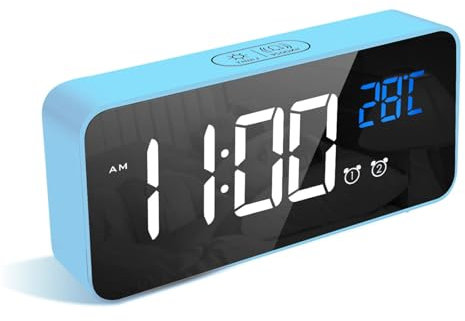 LATEC Digitaler Wecker mit Große LED Temperaturanzeige, Tischuhr mit 10 Musik, USB Ladeanschluss, 4 Helligkeit und Lautstärke Regelbar, Snooze, tragbarer Spiegelalarm mit 2 Alarmen, 12/24HR
