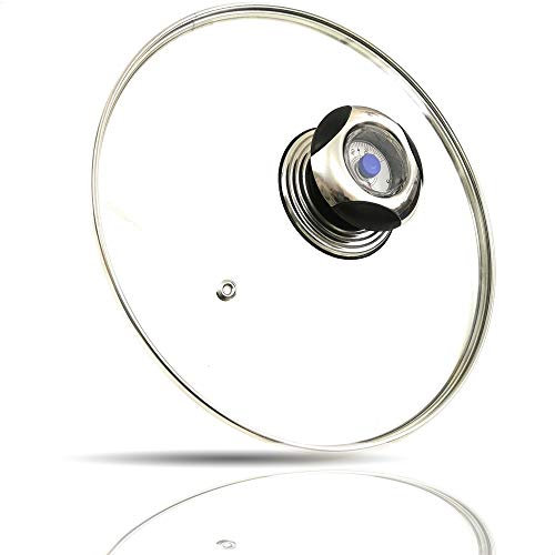 Kerafactum Topfdeckel Glasdeckel mit Thermometer im Griff | Pfannendeckel Universaldeckel Glas Deckel für Topf & Pfanne | Qualitätsglas mit Dampfloch Edelstahlrand schonend Temperatur Garen | 14 cm
