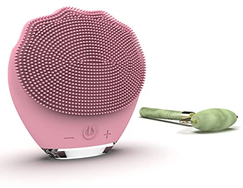 Wottocare - Nettoyeur Facial et Masseur en Silicone Rechargeable avec Rouleau en Jade Naturel et Pochette de Transport - Nettoyage Intelligent pour Tous Types de Peaux - Masseur Anti-Âge