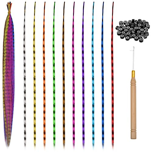 Kit de Extensión de Pelo de Plumas 20 Piezas, Extensiones de Cabello Colorido, Pelo Diy Decoración, Extensiones de Plumas de Cabello de 17.72 Pulgadas para Fiestas Party, 50 Cuentas y 1 Gancho