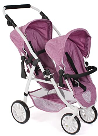 Bayer Chic 2000 - Vario Doll's Pram, Twin Doll's Pram for Two Dolls, Twin Buggy for Children from 4 to 8 Years, Jeans Pink