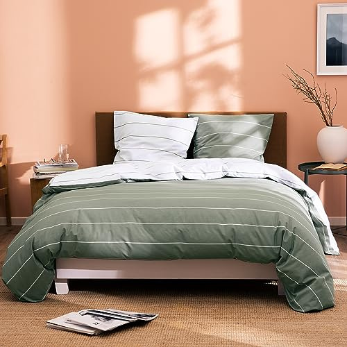 MATT & ROSE Parure de Lit 220x240 cm Stripes Imprimée Réversible | 100% Coton | Oeko-TEX | Housse de Couette 220x240 cm + 2 Taies d'oreiller 65x65 cm | Lichen
