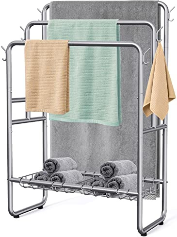 Kayfia 40 Tall Standing Towel Rack for Extra Large Towel, 3 Tier Floor Towel Stand with Storage Basket & Hook, Freestanding Blanket Ladder Display and Drying Rack for Bathroom Living Room