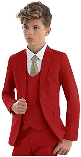 Vestito elegante per bambini, 3 pezzi, con giacca con revers a lancia, gilet e pantaloni, smoking da bambino, per matrimoni e feste, Rosso, 12 Anni