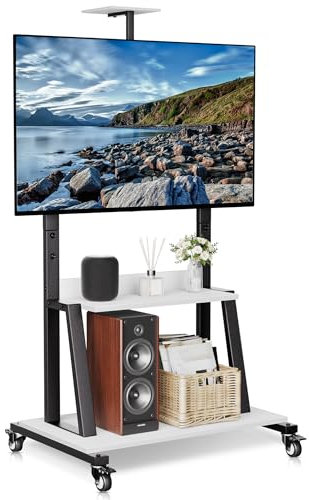 Mobile TV Stand with Wheels, Heavy Duty Rolling TV Cart with 3-Tier Storage for 32-75 Inch Flat/Curved Screen TVs Up to 150 lbs, Floor TV Stands for Indoor/Outdoor Use, White