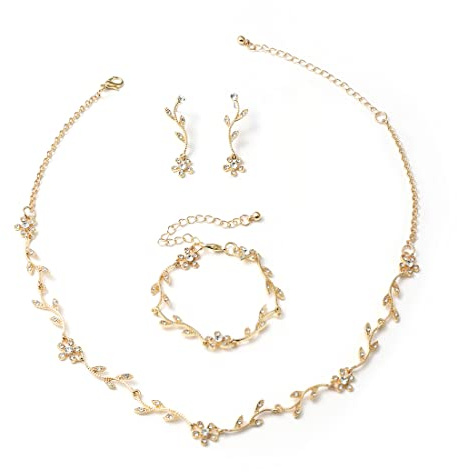 Hapibuy Crystal Necklace Earrings Bracelet Bridal Wedding Jewelry Set Rhinestone Choker Necklace For Women Brides Gold Color