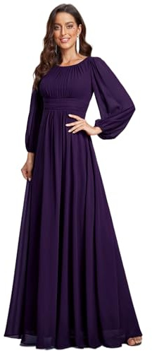 Ever-Pretty Women's Crewneck Long Lantern Sleeves Floor Length A-Line Pleated Chiffon Formal Dress Deep Purple US18