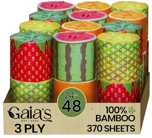 Gaias Premium and Soft Fruit TP Bio-Bambus-Toilettenpapier, 24 Mega-Rollen, 3-lagig, 370 Blatt, FSC-zertifiziert, PFAS- und BPA-frei, umweltfreundlich, nachhaltiges Gewebe – plastikfrei, septisch