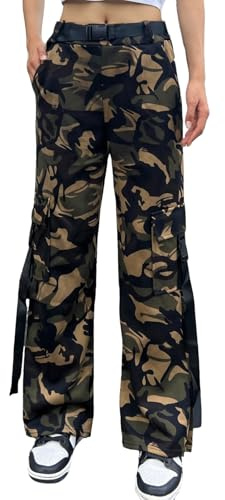 Nuofengkudu Mujer Camuflaje Anchos Cargo Pantalones Chandal Rectos 4 Bolsillos Elastico Tiro Alto Jogger Trabajo Deporte Pantalón Adolescentes Chica Senderismo Moda Jogging Verde L