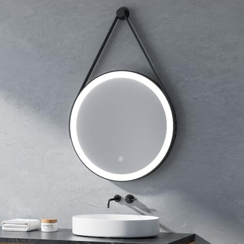 Heilmetz Badspiegel mit Beleuchtung Rund 70cm, LED Badezimmerspiegel mit Licht 6500K Kaltweiß, Dimmbar, Touch Schalter, Runder Spiegel mit Beleuchtung, Schwarz Rahmen, Abnehmbar Band