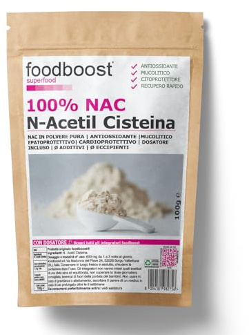 NAC N - Acetil Cisteina Pura in polvere 100 g foodboost - senza additivi - con dosatore - mucolitico, detox, antiossidante, MASSIMA BIODISPONIBILITÀ - 100 DOSI