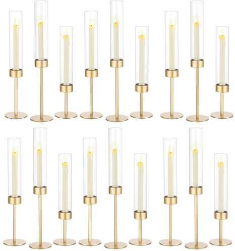 Romadedi 18er Set Kerzenhalter Stabkerze mit Glaszylinder for Hochzeit | Hohe Kerzenständer für Stabkerzen, für Tisch Esstisch Party Wohnzimmer Deko, Hoch, Metall, Gold