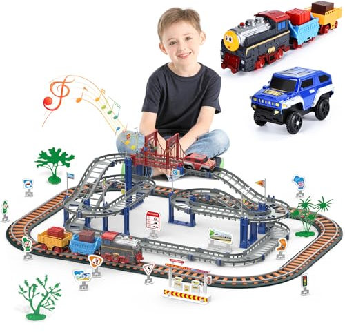 JONRRYIN Trenino Elettrico per Bambini, Set Pista Treno Elettrico per Bambini, Regalo Natale Compleanno (84 Pezzi)