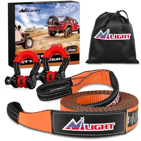 Nilight Kit cinghia di traino di recupero da 7,6 cm x 5,8 m, con 2 grilli antifurto con anello a D da 3/4 e borsa di stoccaggio, corda di traino per auto, camion, SUV, ATV (MBS 15000 kg)