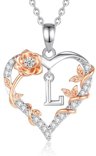 EUDORA Harmony Ball Collier avec Initiale L en Forme de Cœur et de Rose pour Femme, Lettre L de l'alphabet, Pendentif en Cuivre Plaqué Rhodium avec Zircone Cubique, Initiales Bijoux Cadeaux, 45,7 cm