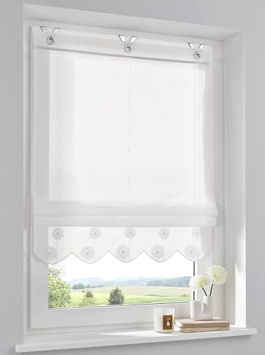 Elly Raffrollo mit besticktem Volant halbtransparent Ösenrollo mit Hakenaufhängung ohne Bohren Breite 60 cm x Höhe 130 cm