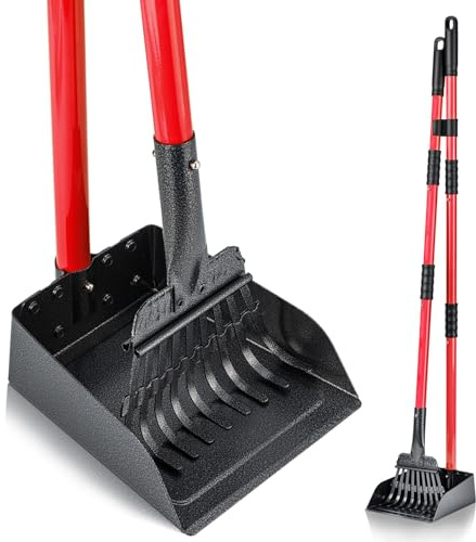MXF Pooper Scooper, Dog Pooper Scooper Long Handle Stainless Metal Tray and Rake Set for Medium Small Dogs Heavy Duty - Use on Grass, Dirt or Gravel - Red