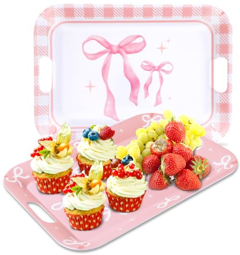 gisgfim 2PCS Pink Bow Serving Trays with Handles 16 X 11 Inch Large Melamine Platter Bow Party Decorations Food Tray Dessert Plate Dish for Girls Bachelorette Wedding Birthday Party Supplies